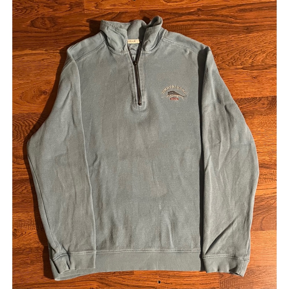 Tommy Bahama Relax Mens Medium Blue Gray 1/4 Zip Pullover Cotton Marlin Logo